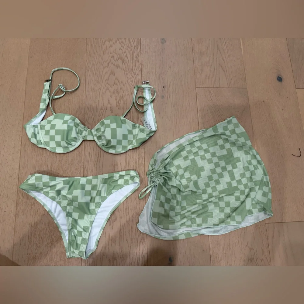 Green Checkerboard Bikini Set with Matching Cover-Up